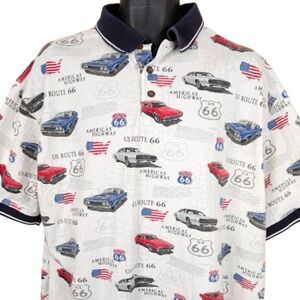 Route 66 Classic Cars Polo Shirt Mens Size XL White All Over Print